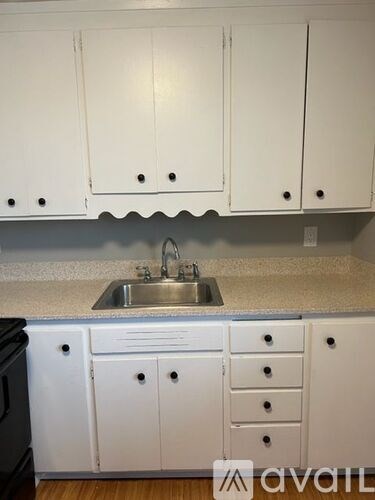 A kitchen with white cabinets and a sink.