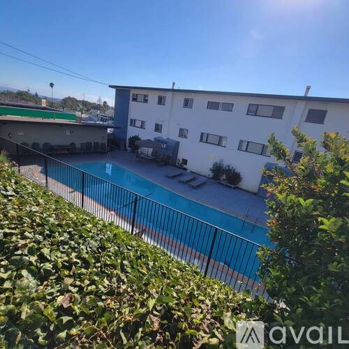 A pool surrounded by a black fence and green bushes.