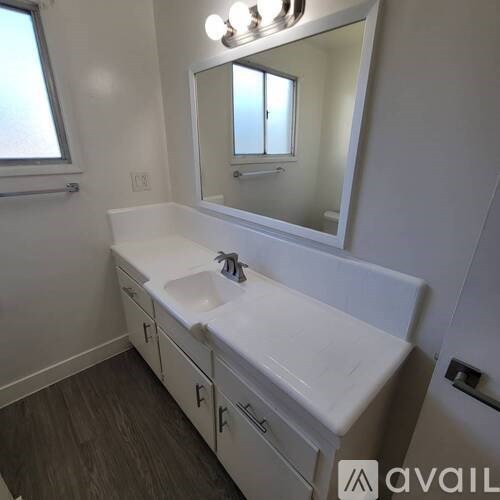 A bathroom with a white sink and a mirror above it.