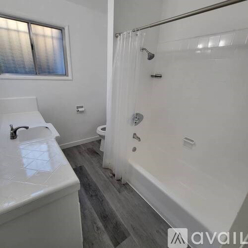 A bathroom with a white sink, toilet, and a glass shower stall.