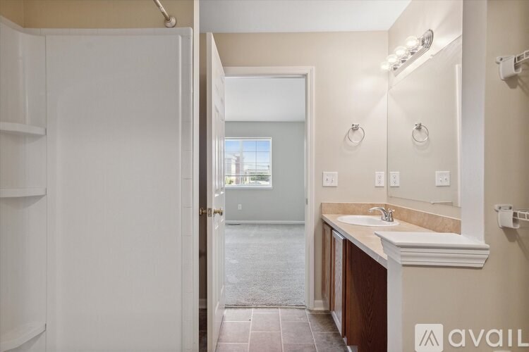 A bathroom with a white sink and a mirror.