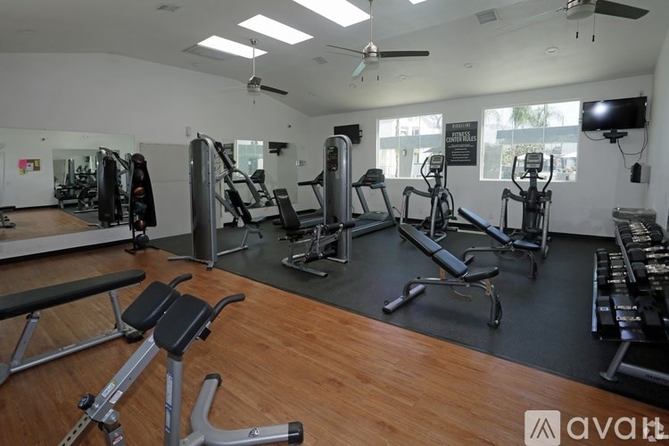 A gym with a variety of equipment including treadmills, stationary bikes, and weight machines.