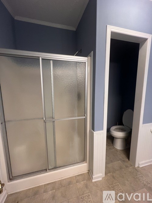 A bathroom with a toilet and a glass door.