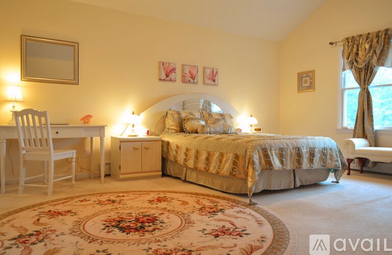 A bedroom with a large bed, a desk with a chair, and a rug on the floor.
