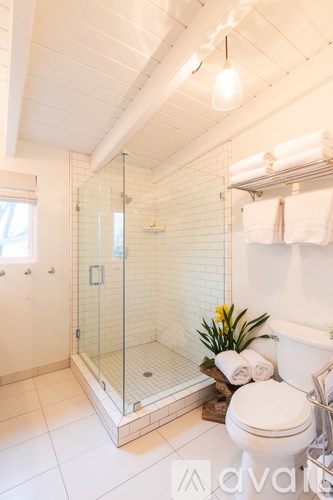 A white toilet sits next to a walk-in shower with a glass door.