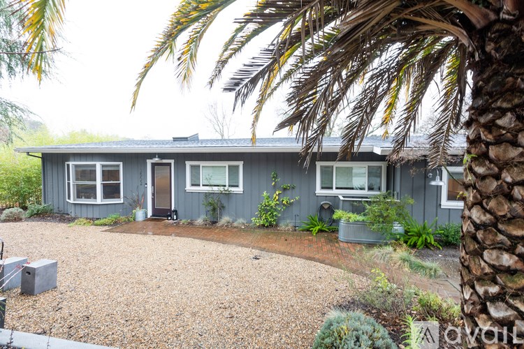 A house with a grey exterior is surrounded by a gravel driveway and palm trees.