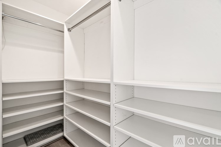 Empty white shelves in a pantry.