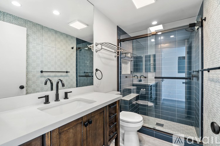 A modern bathroom with a walk-in shower and a toilet.