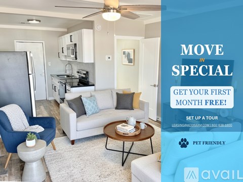 A living room with a couch, chair, and coffee table is on sale for the first month free.