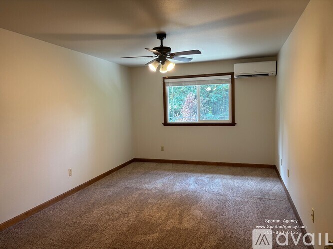 A room with a ceiling fan and a window with a view of trees.