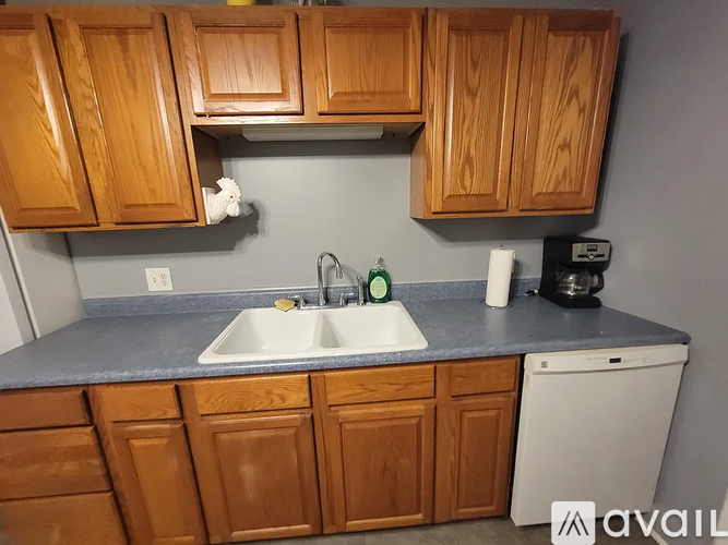 A kitchen with wooden cabinets and a white dishwasher.