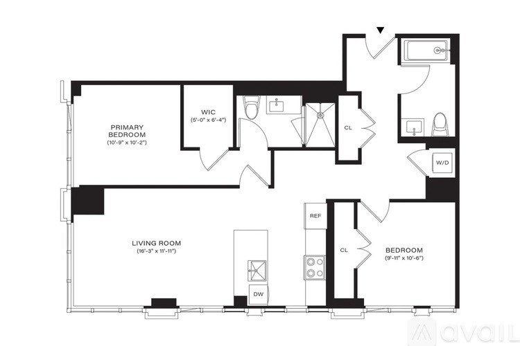 A floor plan of an apartment with two bedrooms and a living room.