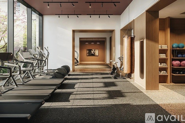 A gym with treadmills and a row of exercise bikes.