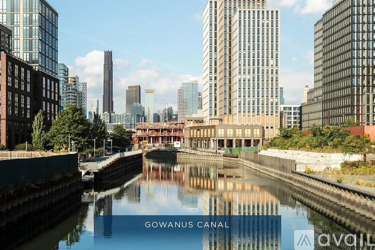 A view of the Gowanus Canal with buildings in the background.