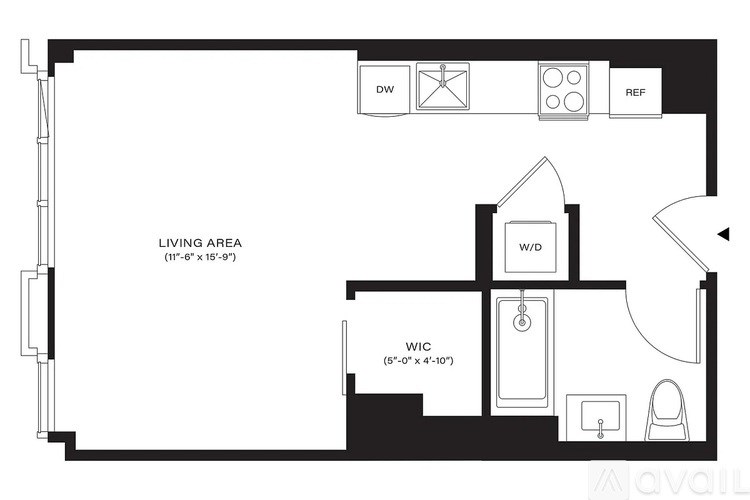 A floor plan of a living area with a W/D, a W/C, a DW, and a REF.