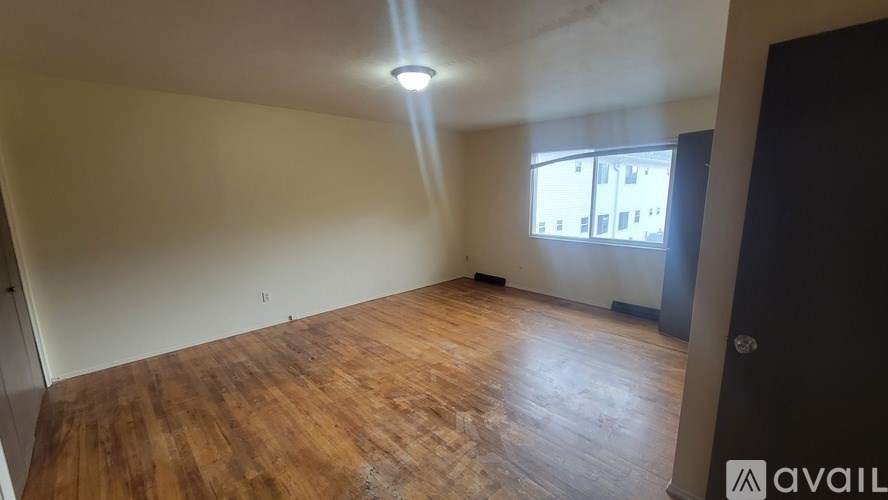 A room with wooden flooring and a window letting in light.