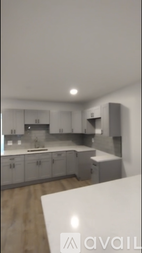 A kitchen with a counter and cabinets.