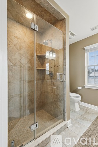 A bathroom with a walk-in shower and a toilet.