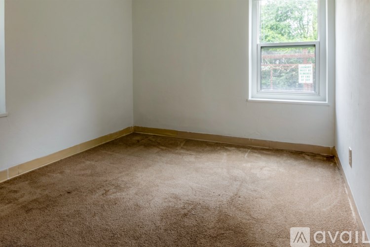 A room with a carpeted floor and a window.