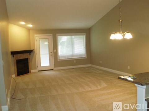A living room with a fireplace and a rug on the floor.