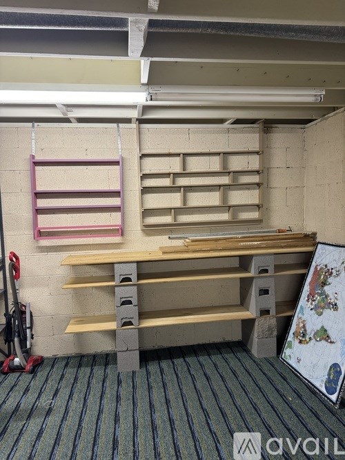 A room with a striped carpet and a wall with a shelf and a ladder.