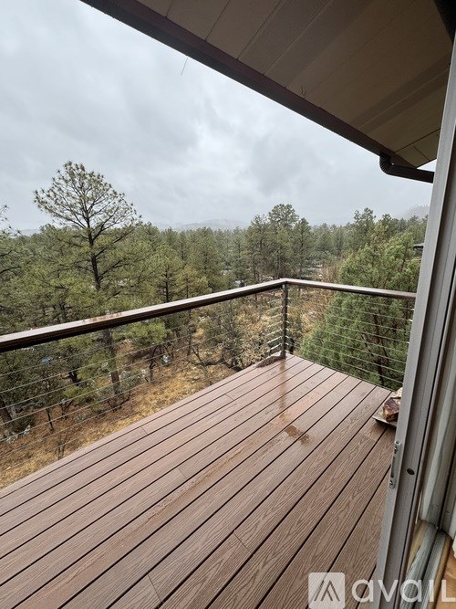 A wooden deck with a metal railing overlooks a forest.