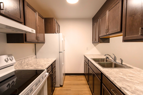 A kitchen with a refrigerator, stove, and sink.