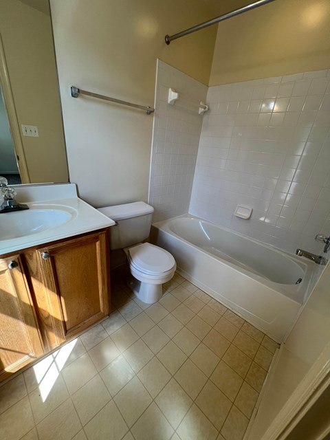 A white toilet sits next to a bathtub in a bathroom.