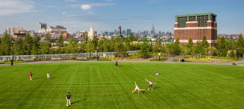 a group of people playing soccer on a green field