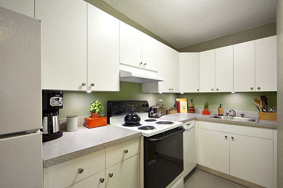 a white kitchen with white cabinets and a black stove