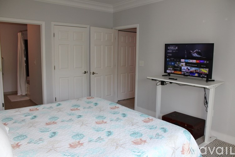 A bedroom with a bed, a TV on a stand, and two doors.