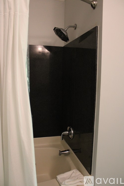 A white shower curtain is hanging in a black shower stall.