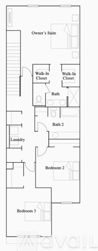 A floor plan of a house with a laundry room, three bedrooms, and a bathroom.