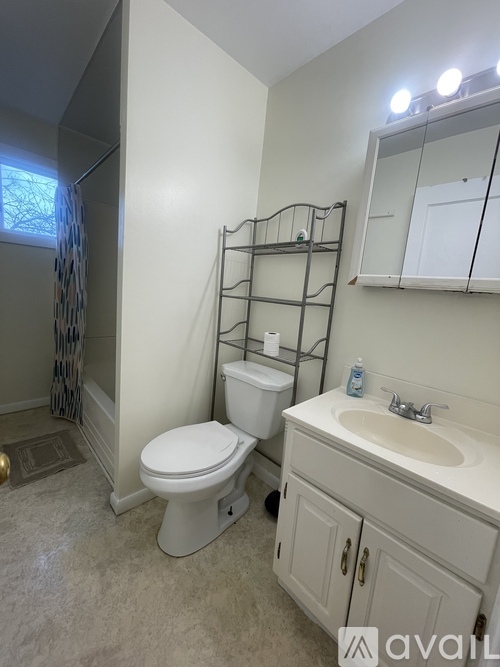 A bathroom with a toilet, sink, and mirror.