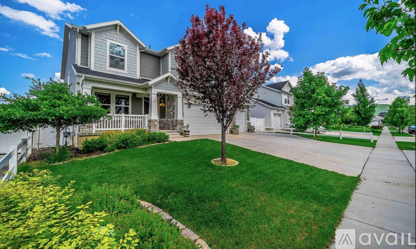 A house with a grey roof and a red tree in front.