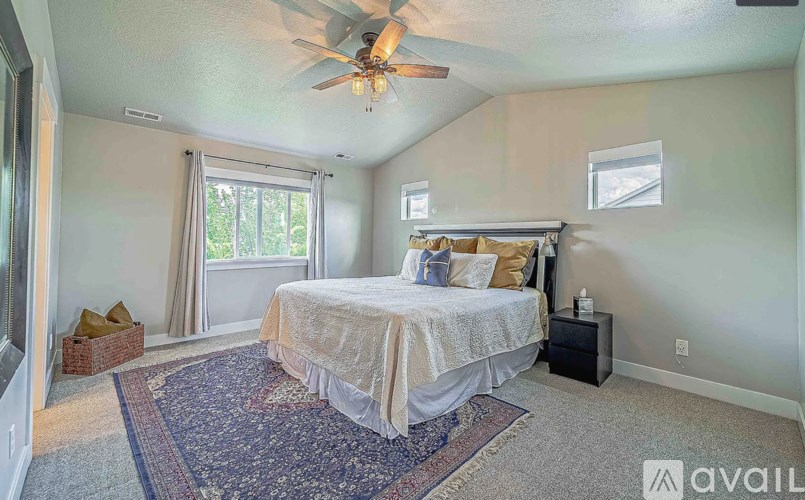 A bedroom with a bed, a ceiling fan, and a rug.