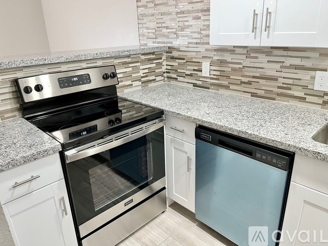 A kitchen with a stove and dishwasher.