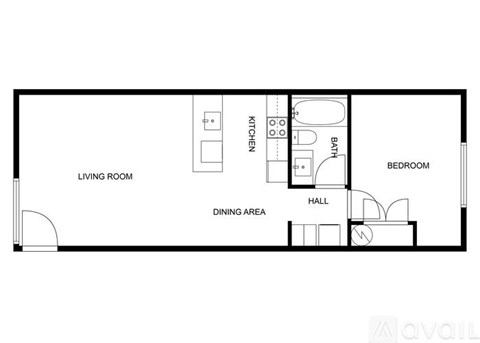 A floor plan of a small apartment with a living room, dining area, kitchen, and two bedrooms.