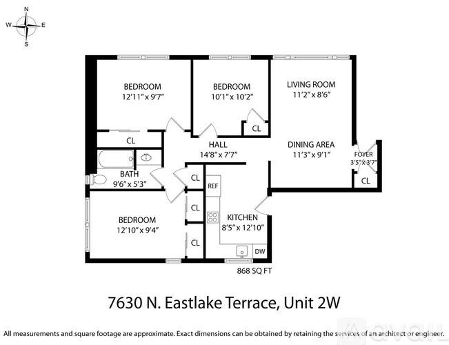 A floor plan of a 2-bedroom apartment at 7630 N. Eastlake Terrace.