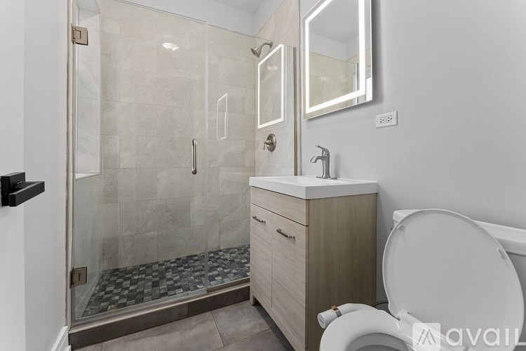 A modern bathroom with a walk-in shower and a toilet.