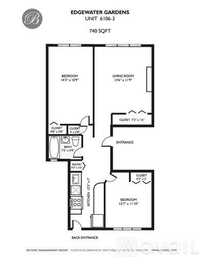 A floor plan for a 740 square foot unit with a bedroom, living room, bathroom, and closet.