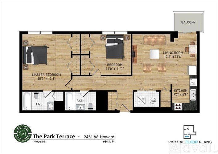 A floor plan of a two-bedroom apartment at The Park Terrace.