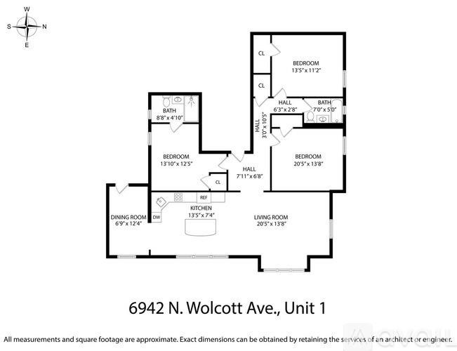 A floor plan for a property at 6942 N. Wolcott Ave., Unit 1 is displayed.