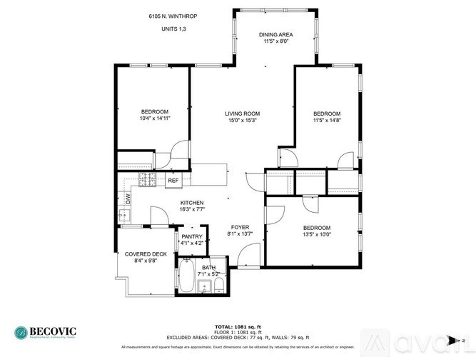 A floor plan for a home with a total area of 1081 square feet, including a living room, two bedrooms, a kitchen, a dining area, and a bathroom.
