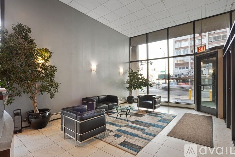 A waiting area with black leather chairs and a tree.