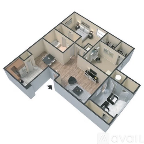 A 3D floor plan of an apartment with a kitchen, living room, and bathroom.