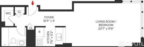 A floor plan of a small apartment with a living room, bedroom, and kitchen.