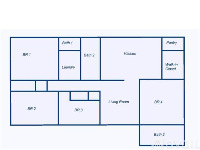 A floor plan of a house with four bedrooms and a pantry.
