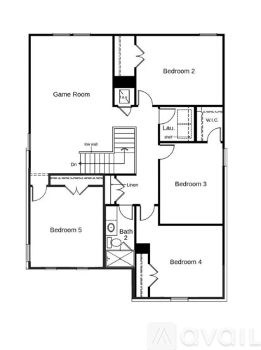 A floor plan of an apartment with five bedrooms and a game room.