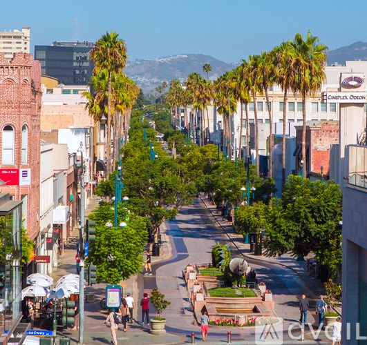 A street view of a city with palm trees and people walking.